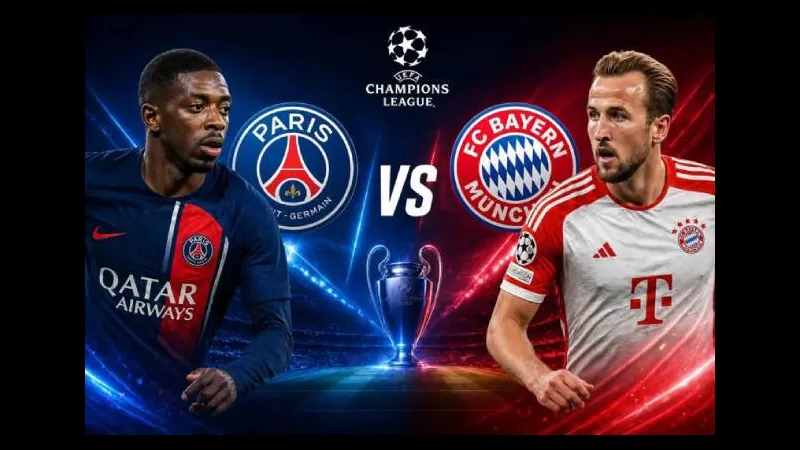 Cầu thủ PSG và Bayern Munich tranh chấp bóng trên sân cỏ